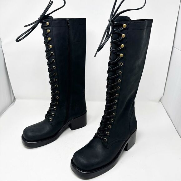 Jeffery Campbell Tyro Black Distressed Knee High Boots Size 8.5 Lace Up - Picture 5 of 10